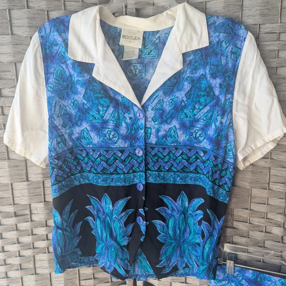 Vtg 90s Shorts & Layered Top Set Blue Tropical Floral Print Sz M Art Teacher
